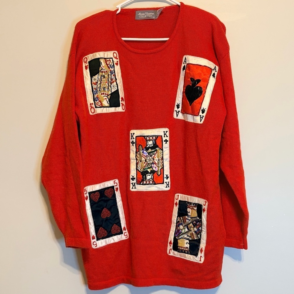 Marisa Christina Red Beaded Playing Card Sweater